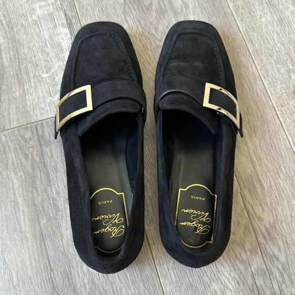 Roger Vivier Black Suede Buckle Loafers EU 35.5 US 5–5.5 Gold Hardware EUC - Picture 3 of 6
